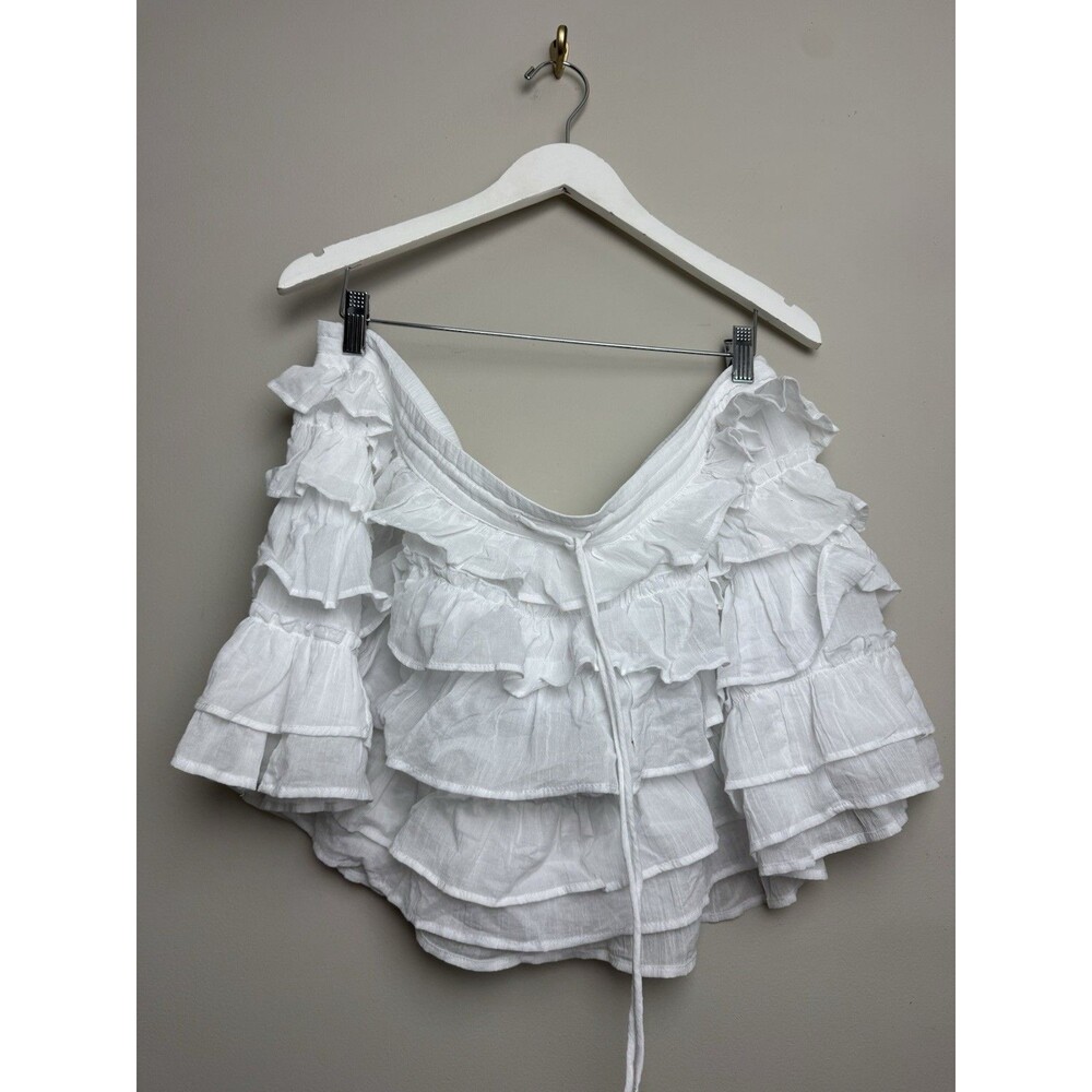H&M Womens Ruffle Ultra Mini Skirt Size 2XL White Cotton Drawstring